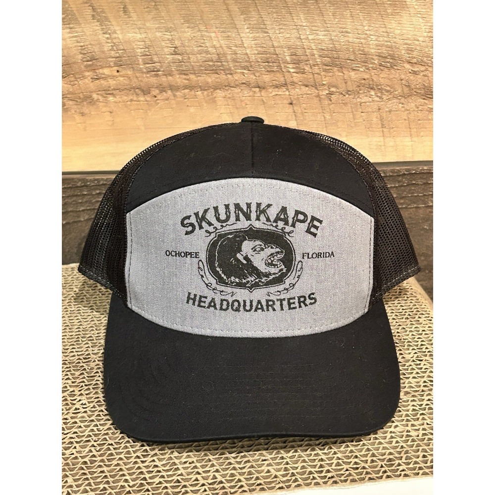 Skunkape Headquarters Hat Cap Mens Snap Back Grey Trucker Logo Patch Mesh Back